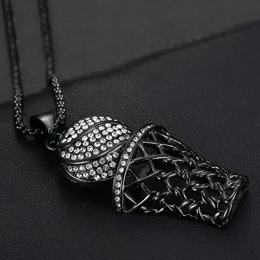 Basketball Necklace Black with Rhinestones 24” Chain - Picture 3 of 5